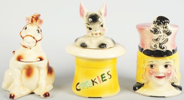 Lot of 3: American Bisque Cookie Jars.: Largest: 12 - 1/2" T. Includes a majorette, a sitting horse, and one other. (Excellent).