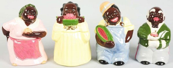 Lot of 4: Modern Black American Cookie Jars.: Largest: 11 - 1/2" T. This lot includes four jars by Carol Gifford. (Excellent).