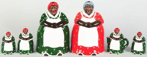 Lot of 6: Modern Mammy Items.: Largest: 11 - 1/2" T. Includes two cookie jars, one creamer and sugar, and a pair of shakers. All are made by memories of Mama. (Excellent).