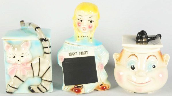 Lot of 3: American Bisque Cookie Jars.: Largest: 13" T. Include a Blackboard Girl, cat with tail, and a graduate. (Excellent).