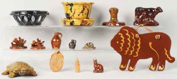 Lot of 14: Redware Pottery Pieces.: Including Breininger and Foltz. (Excellent).