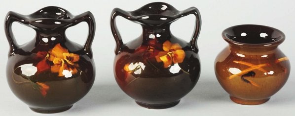 Lot of 3: Small Roseville Standard Glaze Vases.: Largest: 4" T. One marked with the Roseville wafer, Rozane Ware Royal and artist signed. (Very Good).