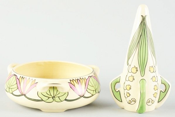 Lot of 2: Roseville Pieces.: Includes one Roseville ceramic design wall pocket with small stress line around one handle, and one Roseville Persian three-handled low bowl. Condition (Very Good). Size Largest: 10 - 3/4" T.