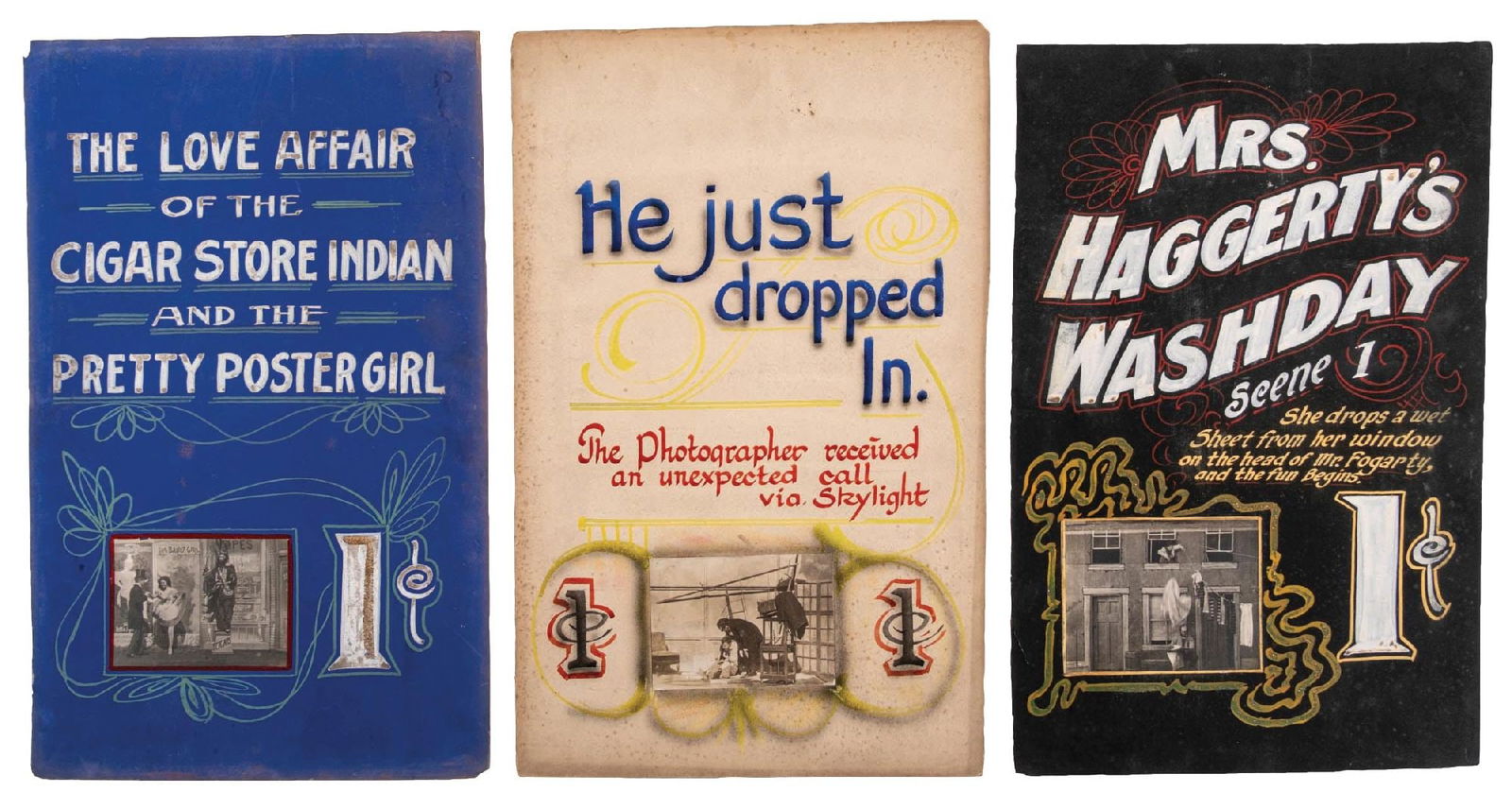 COLLECTION OF 3 CARD STOCK ORIGINAL MARQUEES FOR STEREO VIEW PENNY ARCADE MACHINES (1 of 3)