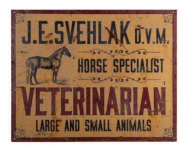 J. E. SVEHLAK HORSE SPECIALIST VETERINARIAN MOVIE PROP SIGN W/ HORSE GRAPHIC: SSA. C. 1970s J. E. Svehlak D. V. M. Horse Specialist Veterinarian painted aluminum movie prop sign. CONDITION: The sign has significant non distracting staining throughout, as well as paint loss with