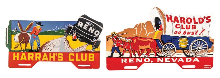 PAIR OF HARRAH'S CLUB & HAROLD'S CLUB LICENSE PLATE TOPPERS W/ WESTERN GRAPHICS