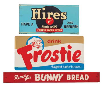 COLLECTION OF 3 BUNNY BREAD, HIRES AND FROSTIE ROOT BEER TIN SIGNS: SST. A nice collection of Bunny Bread, Drink Frostie and Hires Root Beer painted metal signs. CONDITION: (A) The Bunny Bread sign has good color throughout, with minor staining on both the white lette