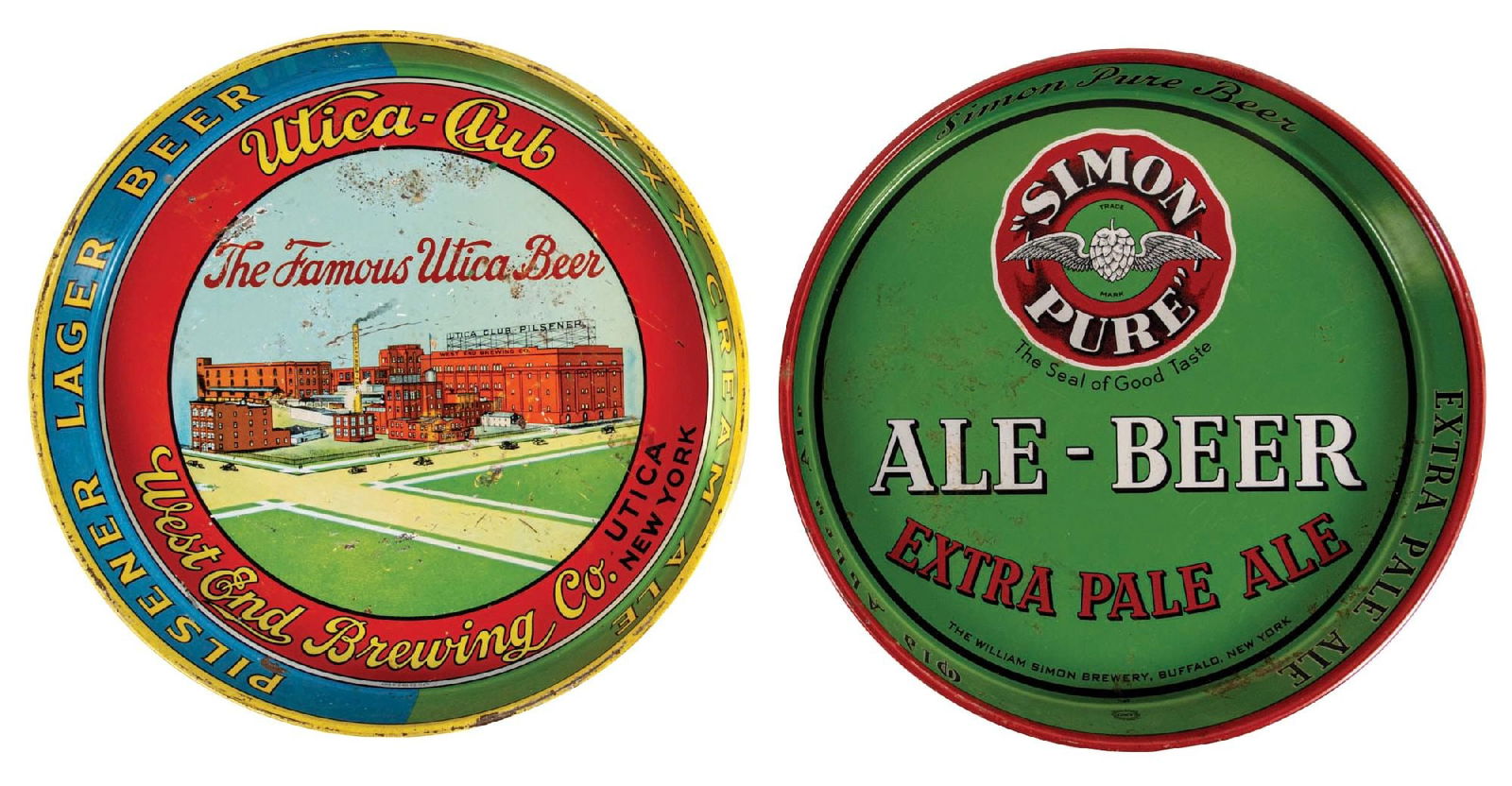 PAIR OF SIMON PURE & UTICA CLUB SERVING TRAYS: SST, SST. A pair of Simon Pure and Utica Club serving trays. CONDITION: (A) Simon Pure tray has good color with surface staining throughout the "Ale" lettering. The tray has other areas of paint loss