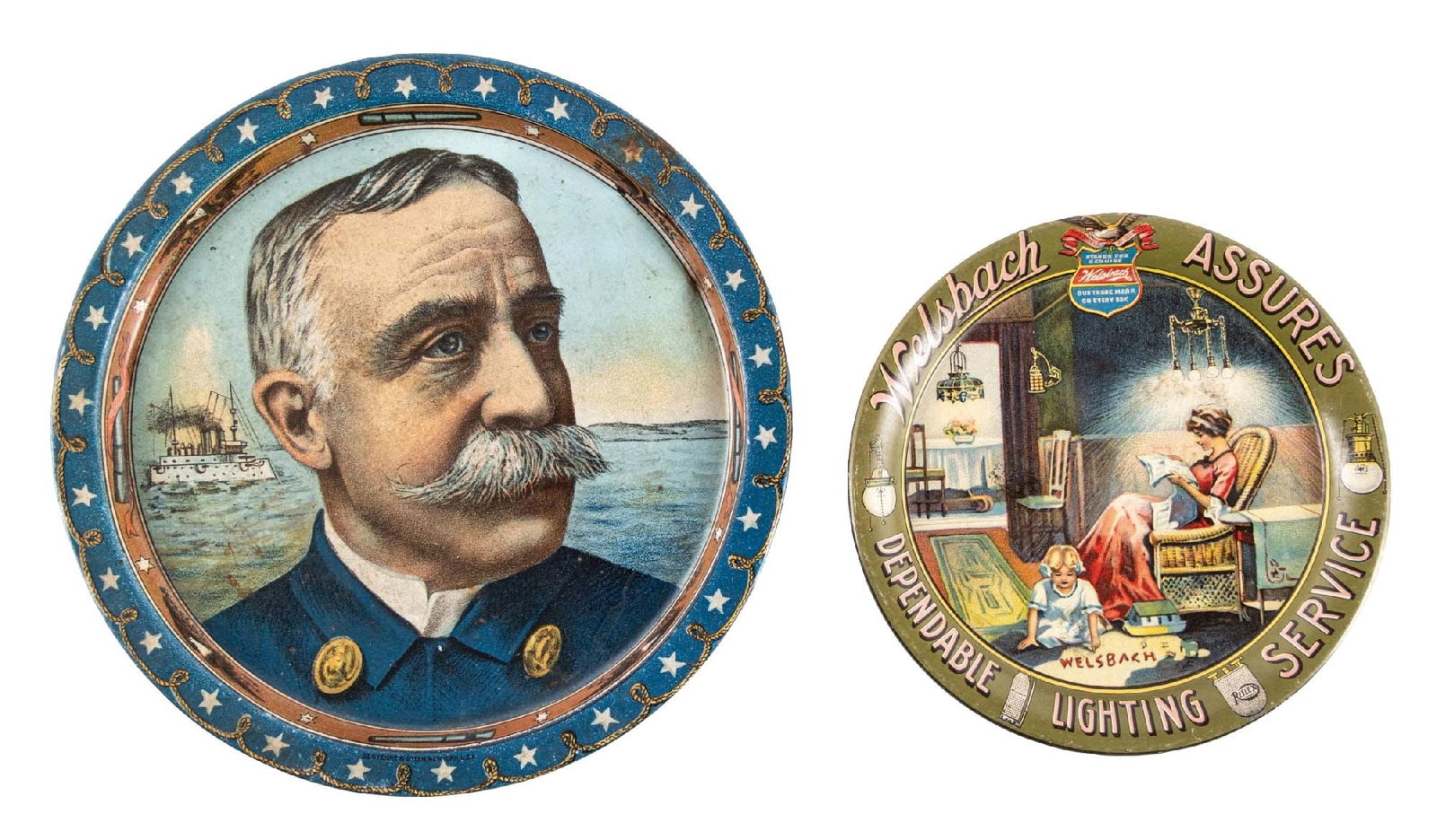 PAIR OF NAVAL & WELSBACH DEPENDABLE LIGHTING SURFACE LITHOGRAPHED TIN TIP TRAYS (1 of 2)