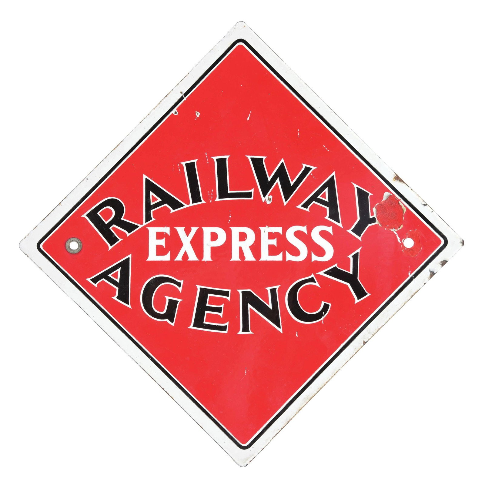 RAILWAY EXPRESS AGENCY PORCELAIN SIGN: SSP. This is a single-sided porcelain sign advertising the Railway Express Agency. Iconic square sign in the company's red, black and white colors. CONDITION: Shows a quarter-sized chip in the "Y" in 
