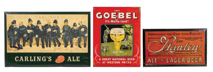 COLLECTION OF 3 GOBELS, CARLINGS ALE & STANTON TIN OVER CARDBOARD SIGNS