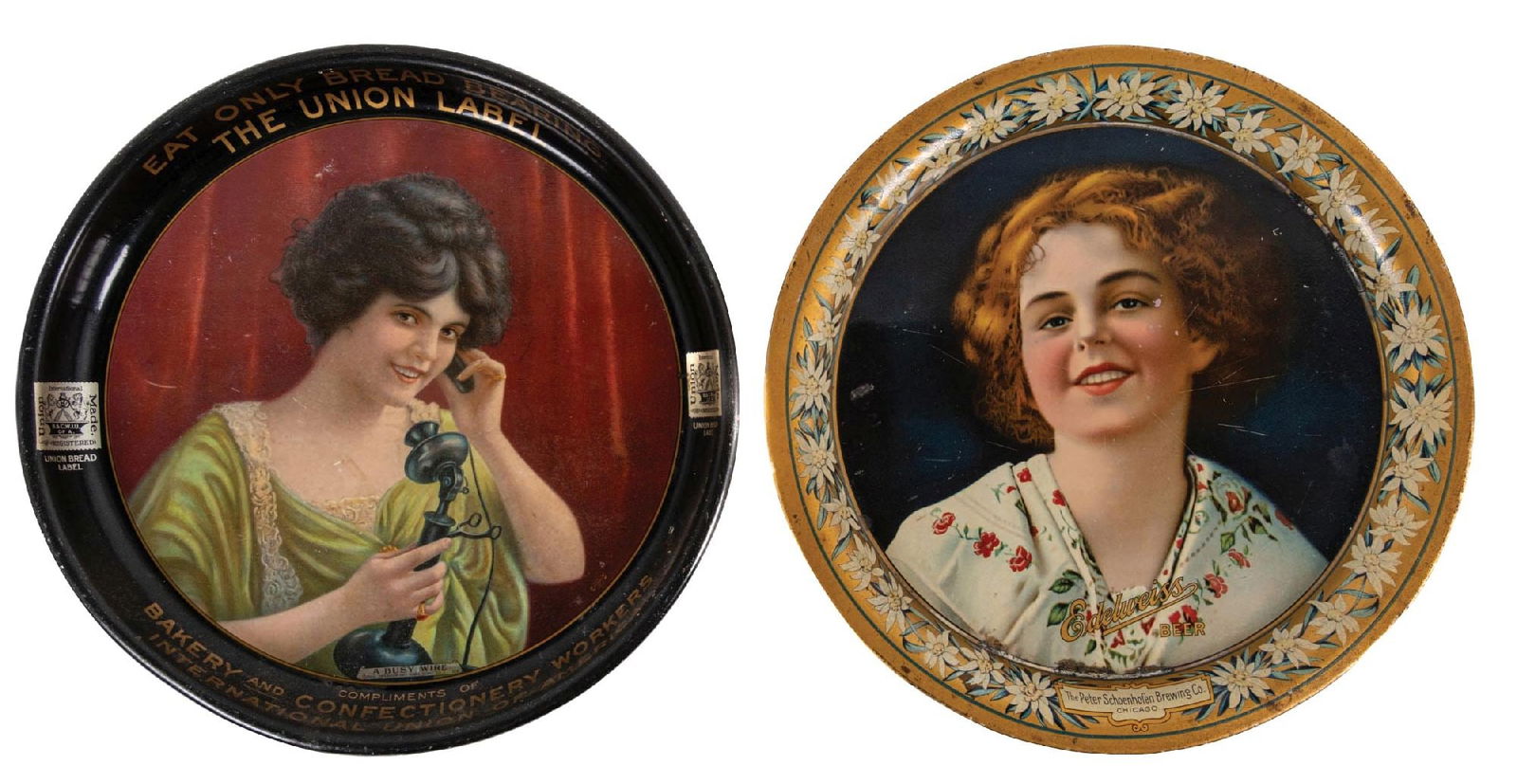 PAIR OF EDEWEISS BEER & UNION LABEL BREAD LITHOGRAPHED TIN SERVING TRAY W/ BEAUTIFUL WOMAN GRAPHICS (1 of 2)