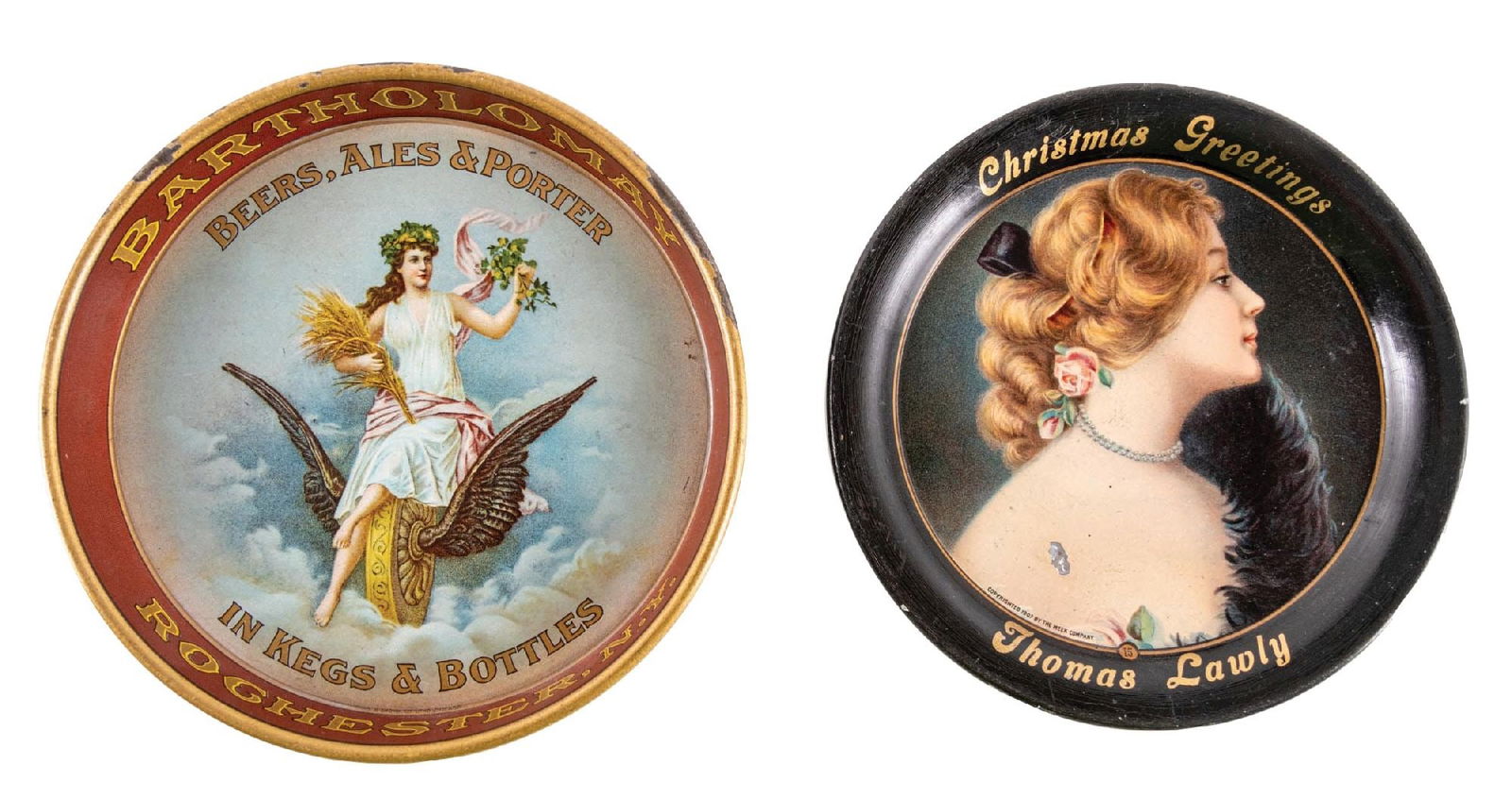 PAIR OF BARTHOLOMAY BEER & CHRISTMAS GREETINGS LITHOGRAPHED TIN TIP TRAYS (1 of 2)