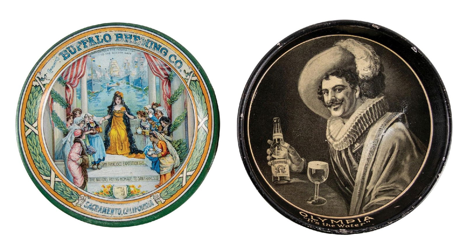 PAIR OF BUFFALO BREWING CO. & OLYMPIA BEER LITHOGRAPHED TIN TIP TRAYS (1 of 2)