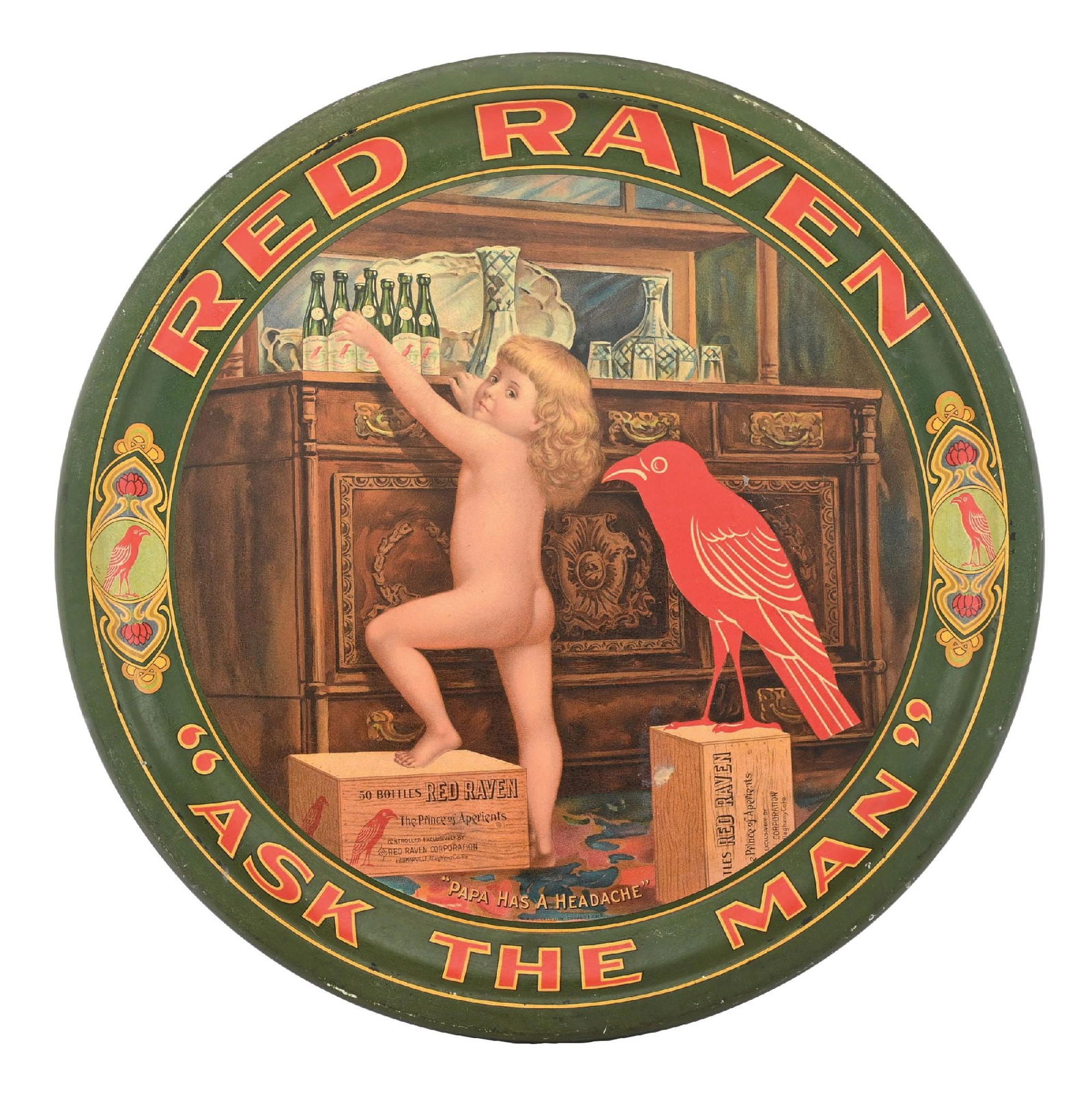 RED RAVEN "ASK THE MAN" TIN-LITHO ADVERTISING TRAY. (1 of 3)