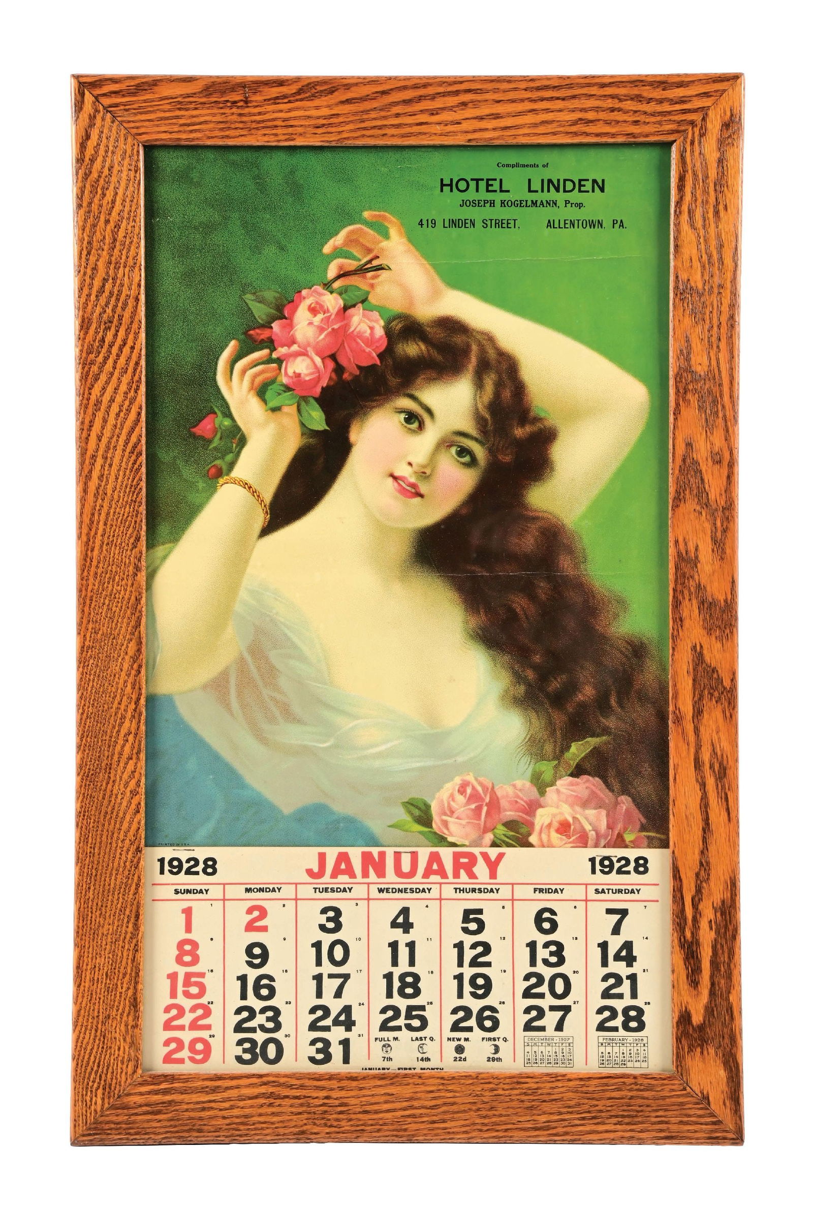 HOTEL LINDON 1928 CALENDAR W/ BEAUTIFUL WOMAN GRAPHIC. (1 of 3)