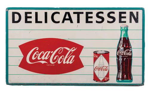 COCA-COLA SELF FRAMED TIN SIGN W/ BOTTLE & CAN GRAPHIC: SST. Maker marked "MCA-2135." C. 1950s Coca-Cola self framed tin sign with delicatessen entitled privilege panel, fishtail logo, glass bottle and aluminum can graphic. CONDITION: Sign has good color t