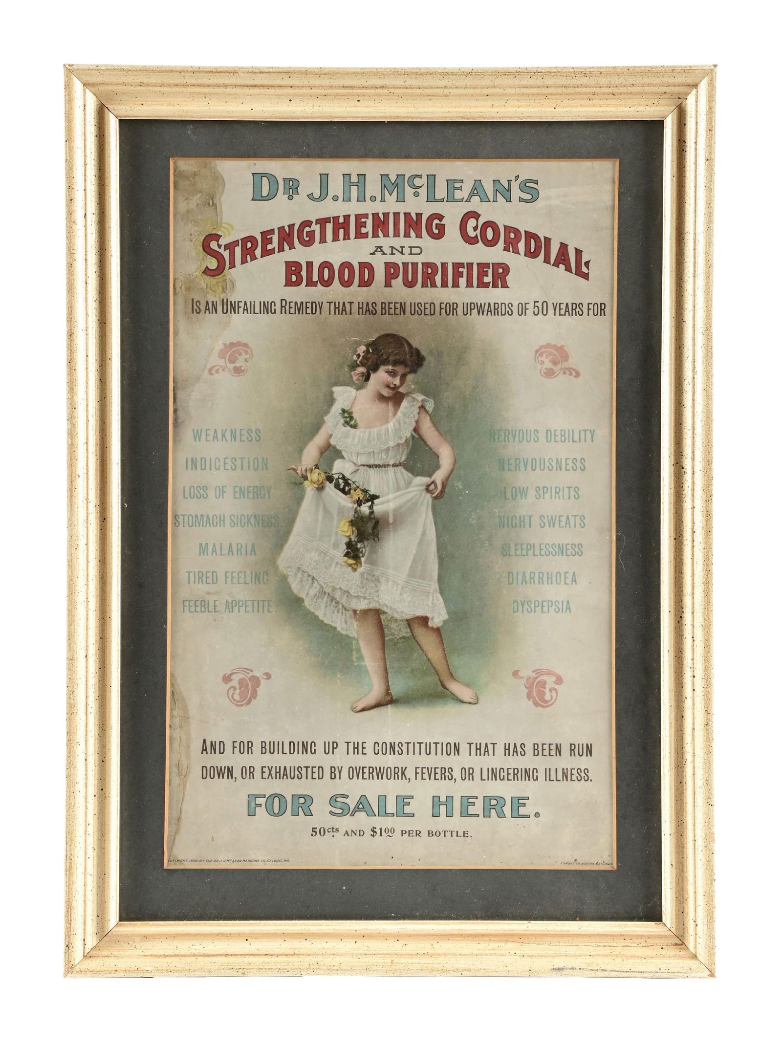 DR. J.H. MCLEAN'S STRENGTHENING BLOOD PURIFIER PAPER SIGN: This c. 1898 paper sign from Dr. J.H. McClean's Blood Purifier shows a nice graphic of a young lady dancing, with flowers in hand. CONDITION: The sign shows heavy deterioration along the left edge. It