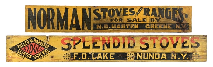 COLLECTION OF 2 WOOD STOVE SIGNS