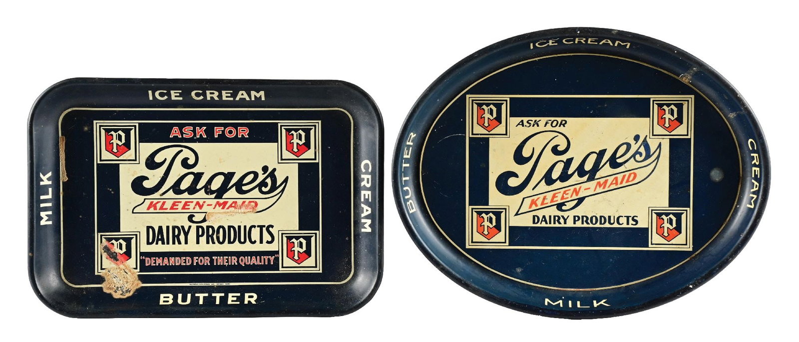 PAIR OF PAGE'S DAIRY PRODUCT TRAYS: This collection includes both an oval and rectangular tray from Page's Dairy Products, showing the company crest on both. CONDITION: (A) The rectangular tray shows wear and discoloration in the field,