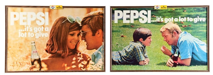 PAIR OF FRAMED "SAY PEPSI, PLEASE" CARDBOARD LITHO ADVERTISEMENTS