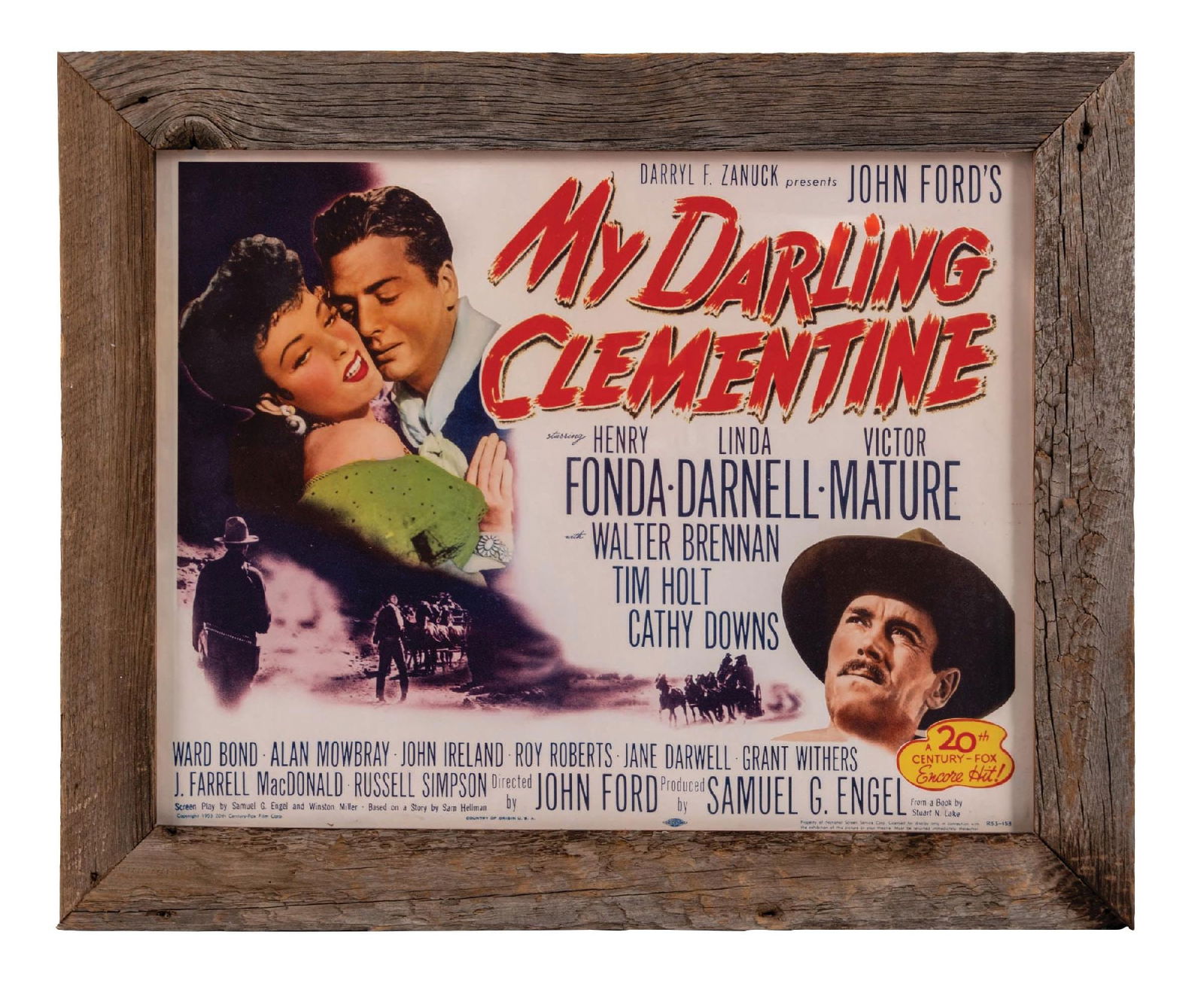 1946 "MY DARLING CLEMENTINE" HALF SHEET MOVIE POSTER: 1946 original John Ford movie staring Henry Fonda and Linda Darnell. 20th Century Fox. Half sheet mounted on linen and placed in a contemporary frame. Great color, no rips or repairs. Condition: (8.5)