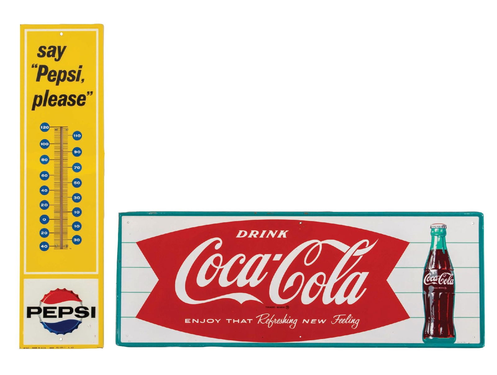 PAIR OF DRINK COCA-COLA & PEPSI PAINTED METAL SIGNS (1 of 4)