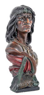 CIGAR STORE NATIVE AMERICAN CHALKWARE BUST: This large chalk American Indian bust was generally used for display in cigar stores. This particular bust is in very good paint, marked on the front "Hiawatha." CONDITION: There are some light scuffs