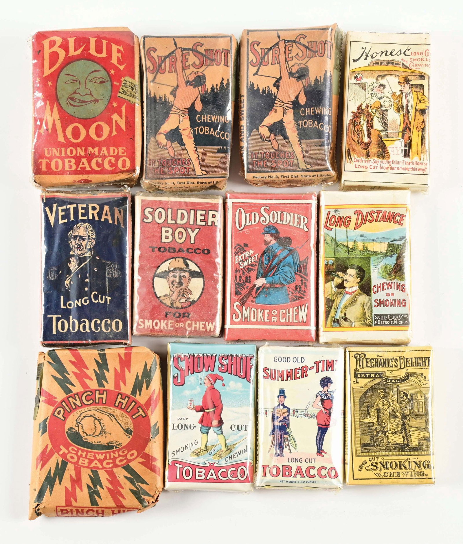 COLLECTION OF 12: TOBACCO POUCHES AND BOXES: A good-looking collection of tobacco pouches and boxes from various brands. CONDITION: Each one is nicely shrink wrapped. All show light wear to the paper packaging and color. Condition: (8.0). Dimens