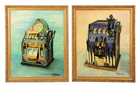 PAIR OF FRAMED PAINTINGS BY J. KRIVINE DEPICTING SLOT MACHINES