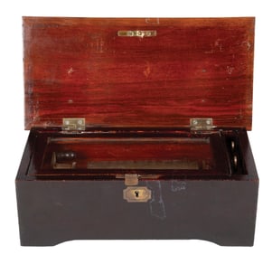 SMALL DEMURE MUSIC BOX W/ 6" CYLINDER PLAYING 4 TUNES