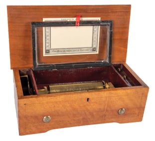 SMALL DEMURE CYLINDER MUSIC BOX PLAYING 6" CYLINDER W/ 4 TUNES