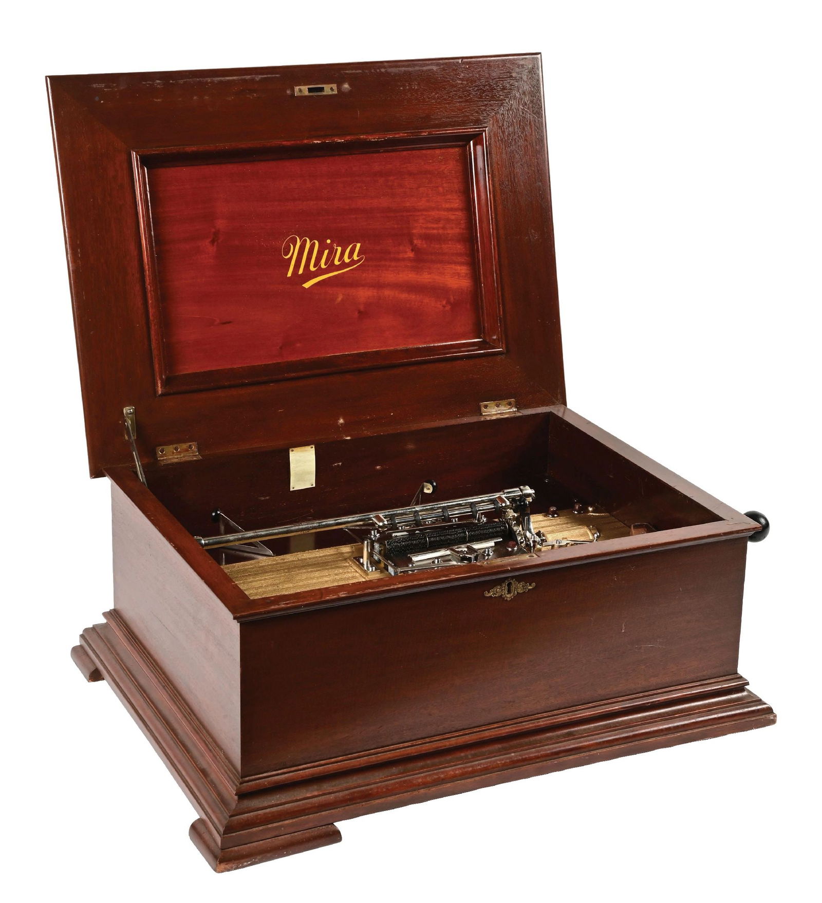 12" MIRA DISC MUSIC BOX: C. 1920. CONDITION: It has a mahogany cabinet, original mirror lid, dual combs with no missing teeth, crank and several discs. It is missing one of its bottom feet. This is not a standard shippable it