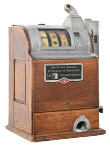 5¢ O.D. JENNINGS WOOD FRONT SLOT W/ CHECK INDICATOR AND SIDE VENDER