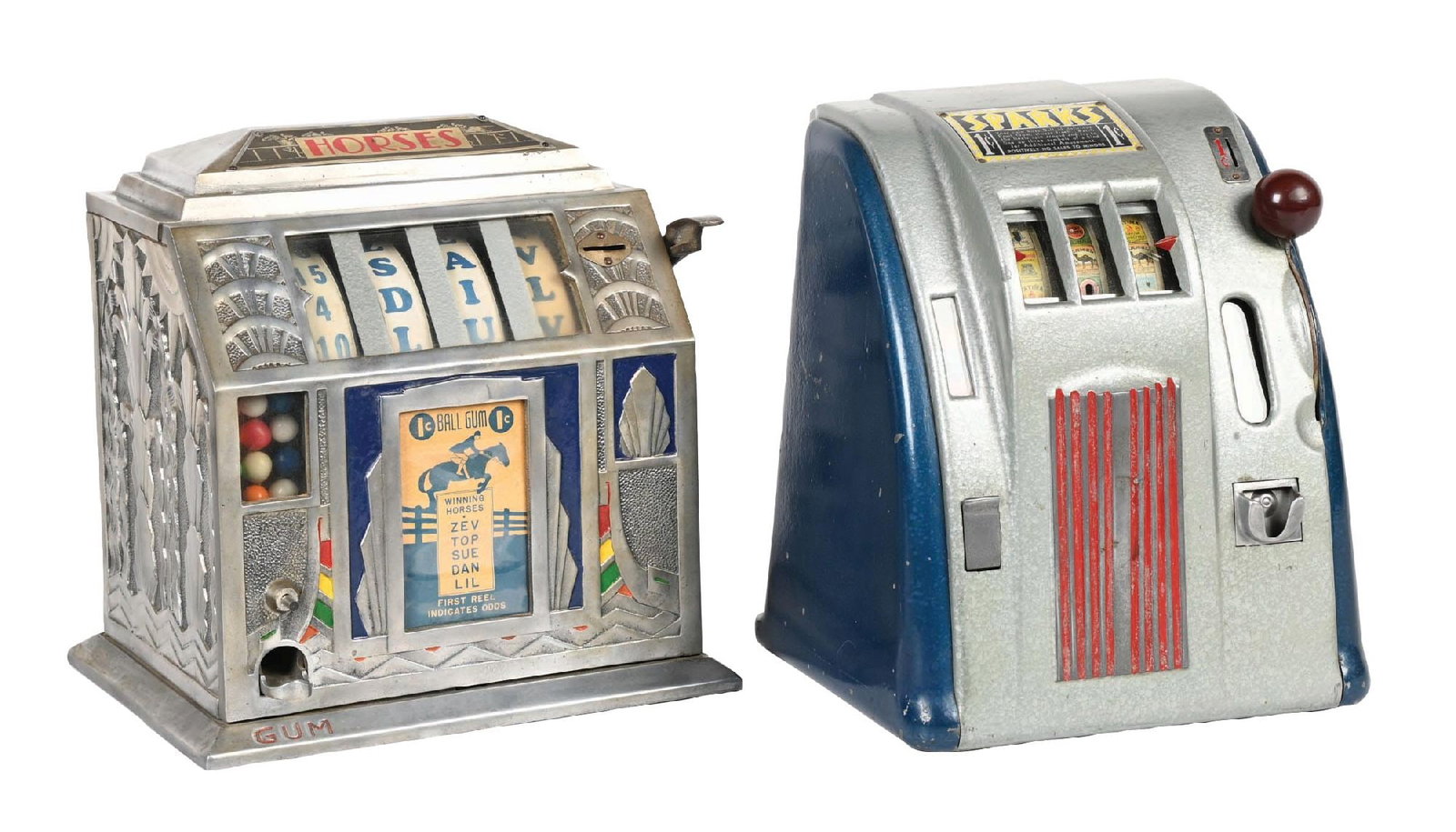 PAIR OF COUNTERTOP TRADE STIMULATORS: (A) A Groetchen "Sparks" cigarette reel trade stimulator. It shows all original paint, reel strips and backdoor. CONDITION: It shows some paint loss. (B) A Buckley "Horses." It shows an original alumi