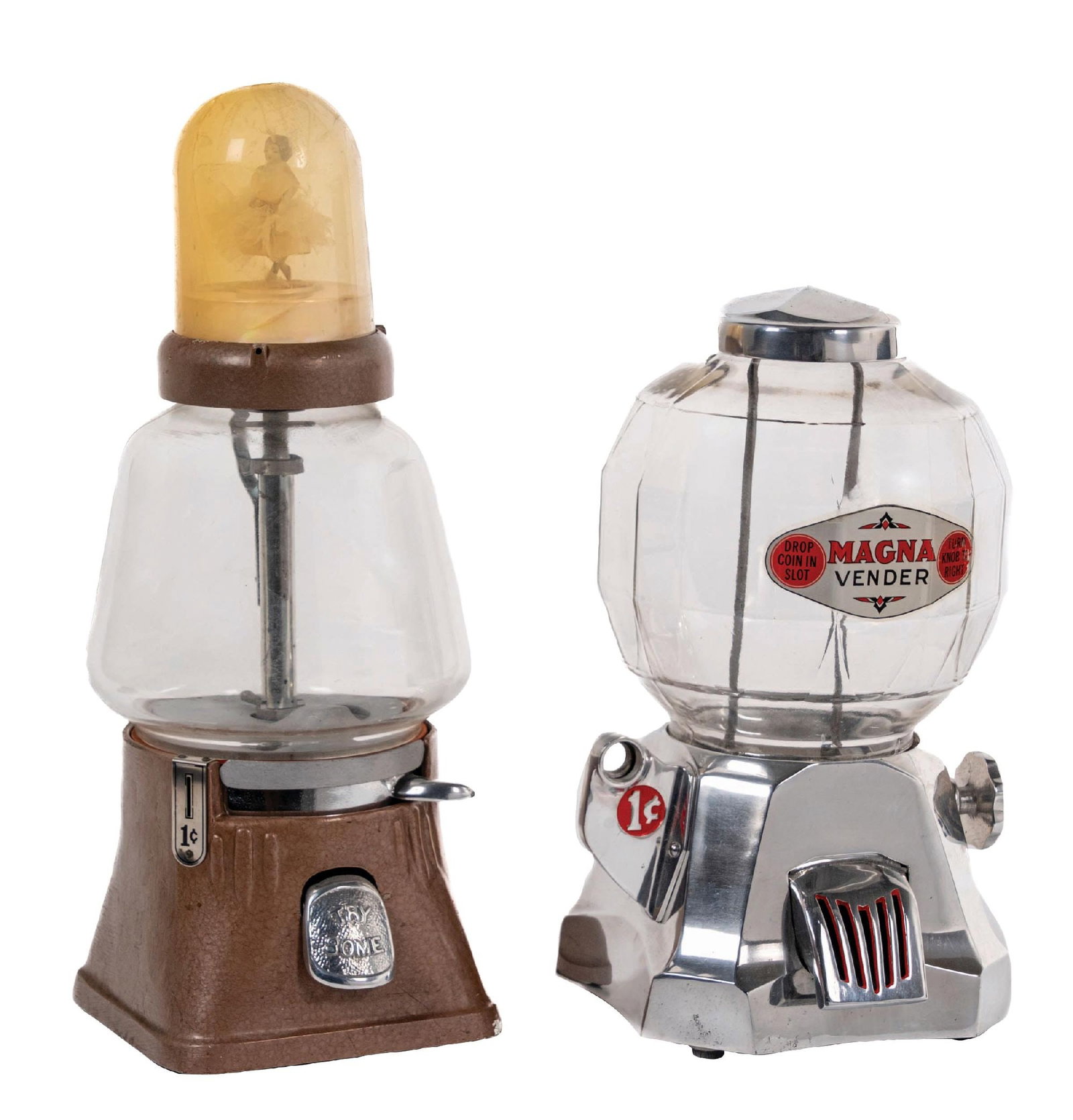 PAIR OF VENDING MACHINES: C. 1930. CONDITION: (A) A Magna vender. It shows an aluminum body and original multifaceted globe with an added decal. It is fully operational. (B) A Silver King musical ballerina. It is in original p