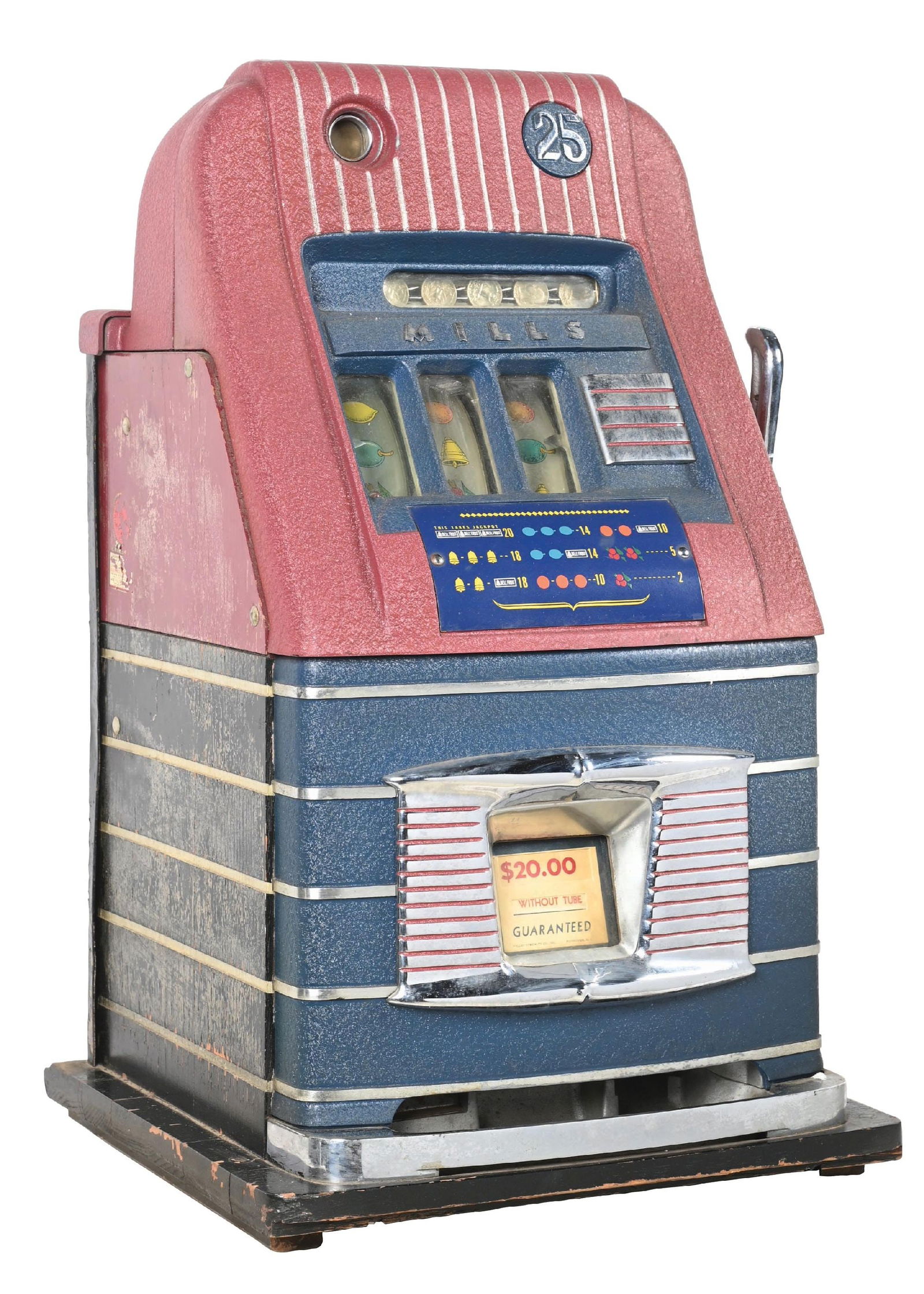 25¢ MILLS HIGHTOP SLOT MACHINE: C. 1940. CONDITION: An original, as-found slot machine. It shows an original front award card, reel strips and backdoor with no key. It shows age-related scuffs and surface cracks to the base and cabi