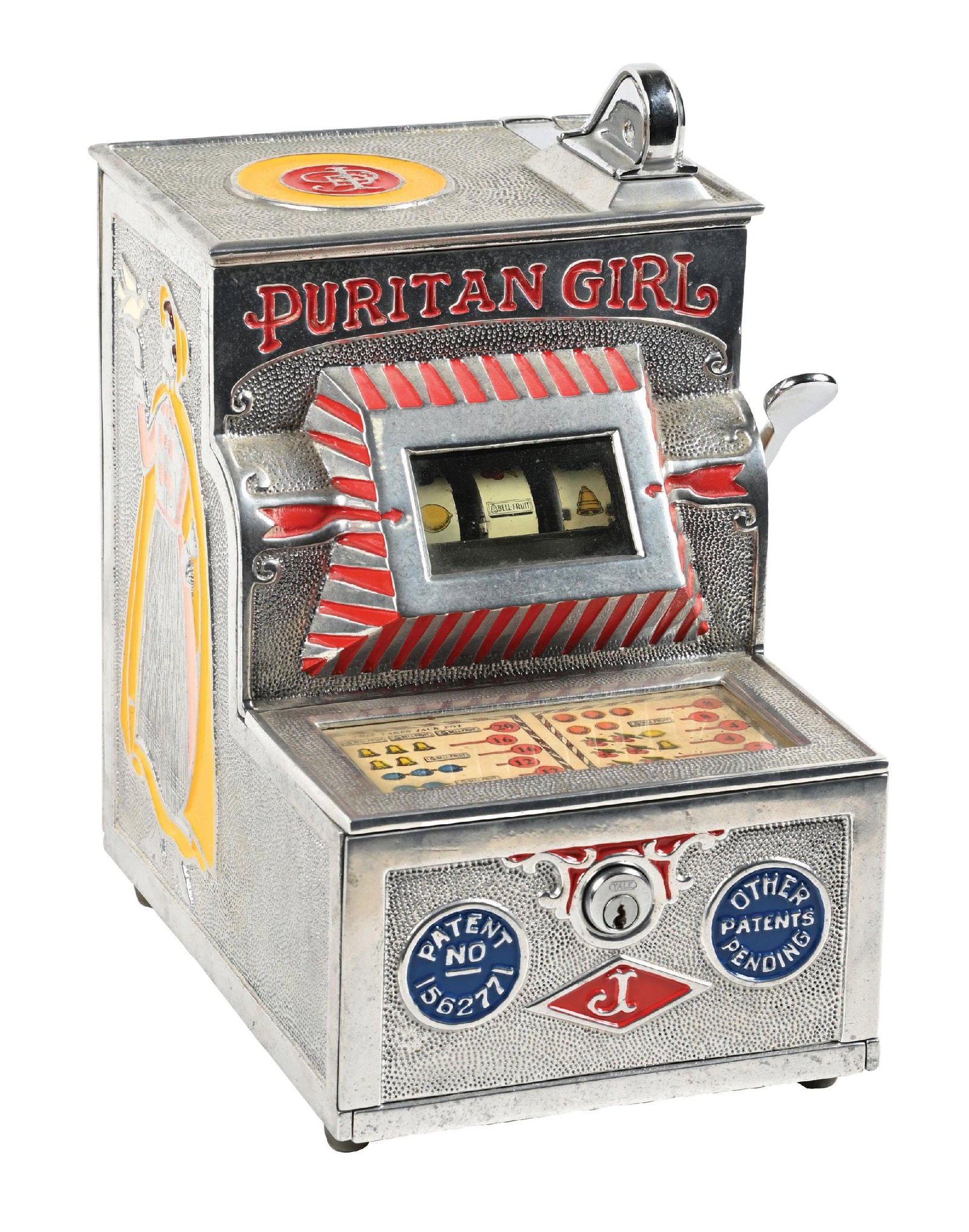 5¢ JENNINGS PURITAN GIRL TRADE STIMULATOR: C. 1935, O.D. Jennings Co. CONDITION: Showing an older restoration with polished case and new in-set paint, new reel strips and award card. In full operational condition. Condition: (Restored). Dimens
