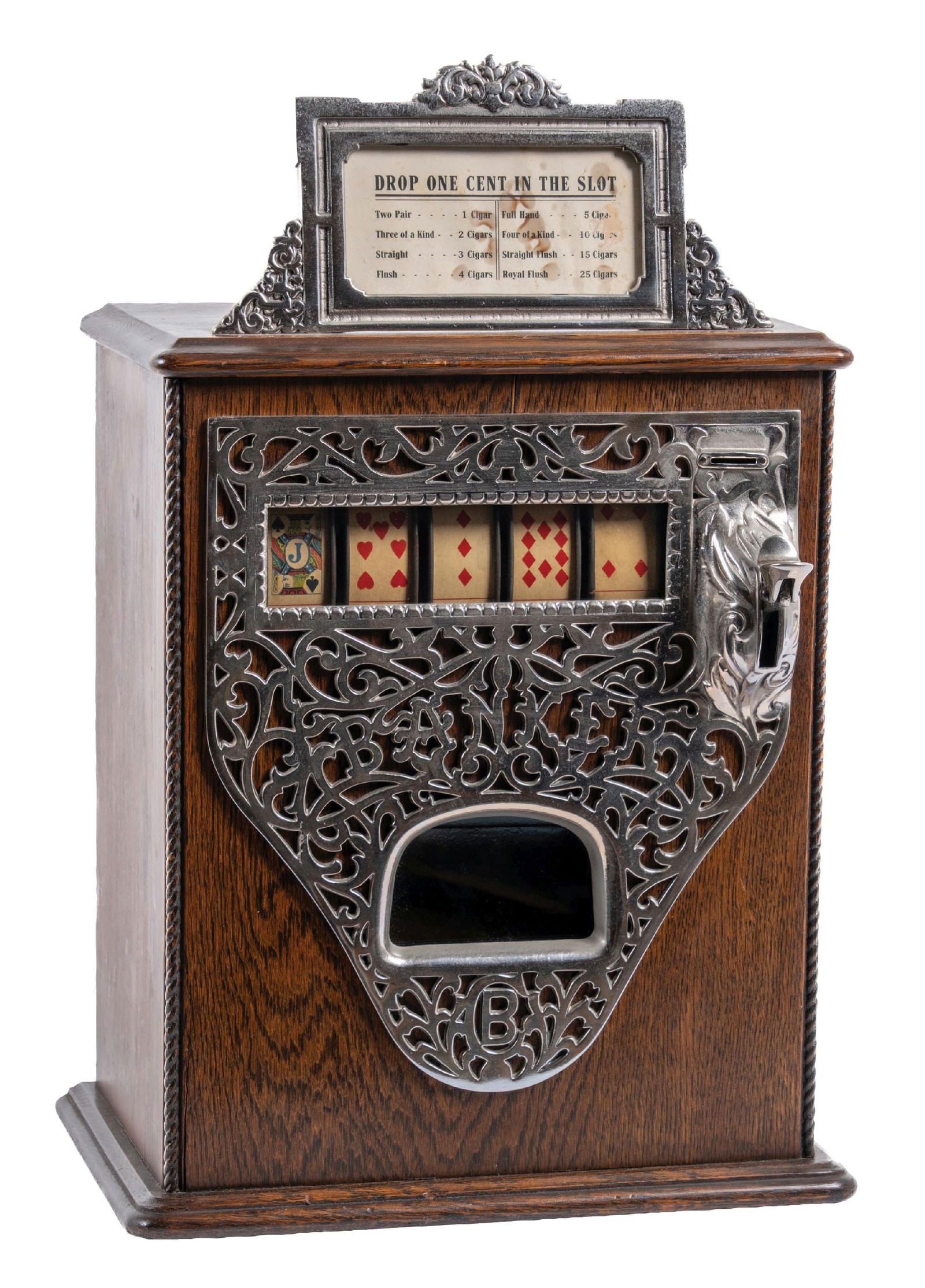 5¢ CAILLE BANKER TRADE STIMULATOR: C. 1906. CONDITION: This banker shows an older restoration with new finish to the oak cabinet, new plating to the front casting, added top marquee and original reel strips. It comes with the correct b