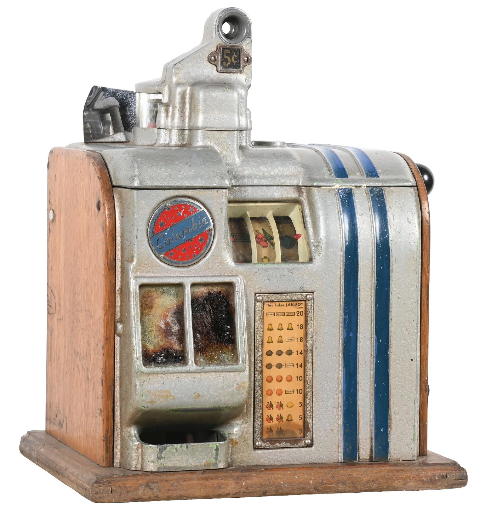 5¢ COLUMBIA SLOT MACHINE: C. 1940. CONDITION: An original, as-found Columbia slot machine. It shows original paint, aged patina and oxidation to the front castings. It has original reel strips, award card and backdoor with no 