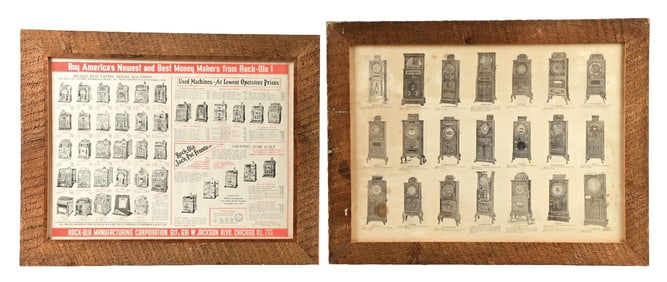 COLLECTION OF 2: ROCK-OLA MFG. AND MILLS NOVELTY CO. FRAMED SLOT MACHINES POSTERS.