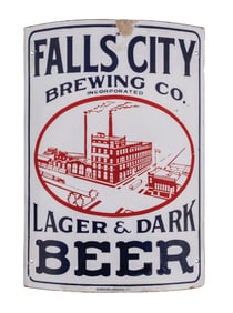 FALLS CITY BREWING CO. CURVED PORCELAIN SIGN W/ FACTORY GRAPHIC