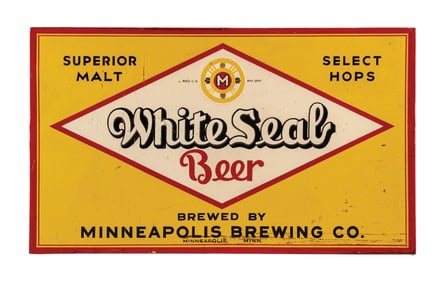WHITE SEAL BEER SELF FRAMED EMBOSSED TIN SIGN W/ ORIGINAL WOOD BACKING