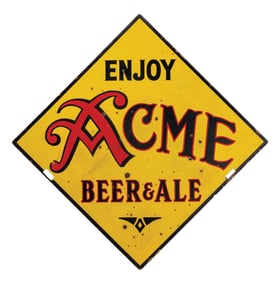 ENJOY ACME BEER AND ALE DOUBLE-SIDED PORCELAIN SIGN