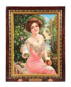 BUDWEISER LAGER BEER SIGN W/ WOMAN HOLDING BOTTLE GRAPHIC.