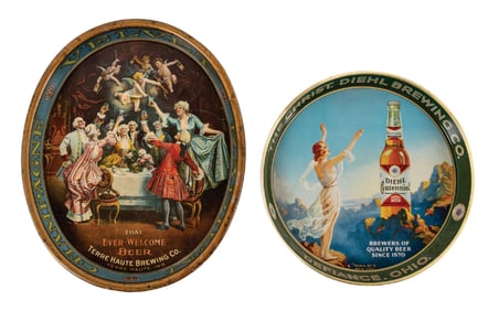 PAIR OF THE CHRIST DIELHL BREWING CO. & TERRE HAUTE BREWING CO. LITHOGRAPHED TIN SERVING TRAYS
