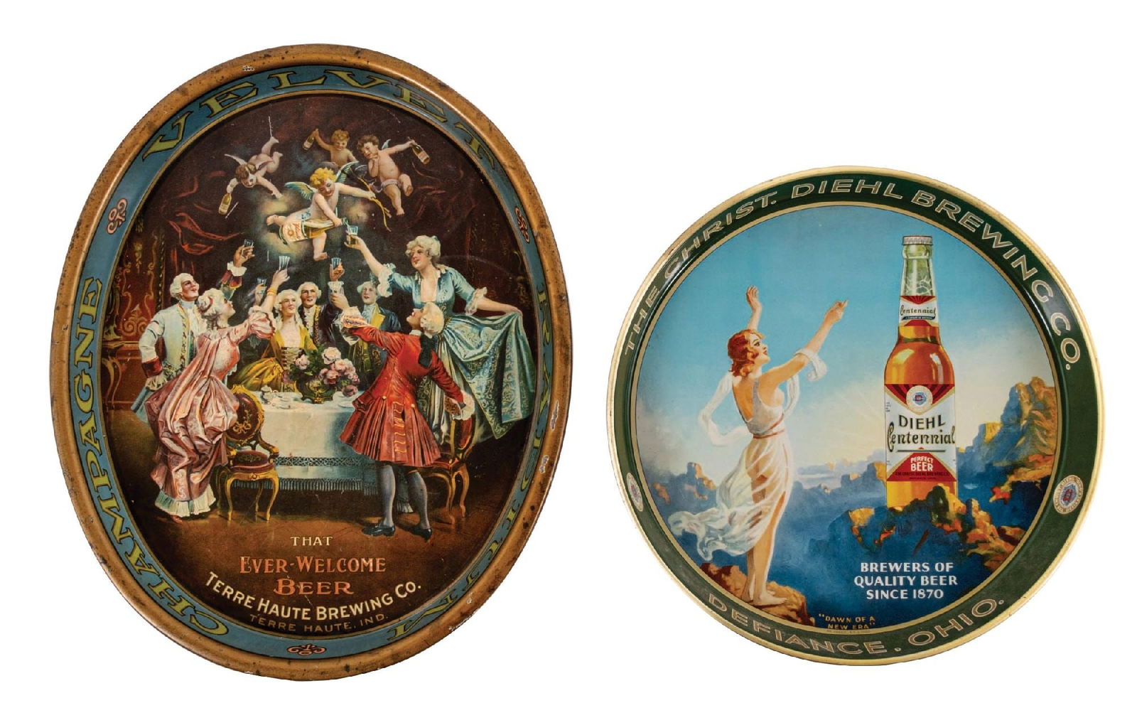 PAIR OF THE CHRIST DIELHL BREWING CO. & TERRE HAUTE BREWING CO. LITHOGRAPHED TIN SERVING TRAYS (1 of 2)