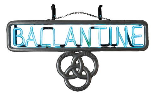 BALLANTINE BEER WINDOW-HANGING NEON SIGN: Rare neon and cast aluminum sign for Ballantine Brewing Co., Newark, NJ, c. mid 1930s. Sign is all original and features the iconic three ring logo, inscribed in raised letters with the slogan “