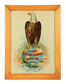 J.I. CASE THRESHING MACHINE CO. SIGN W/ EAGLE & GLOBE GRAPHIC.