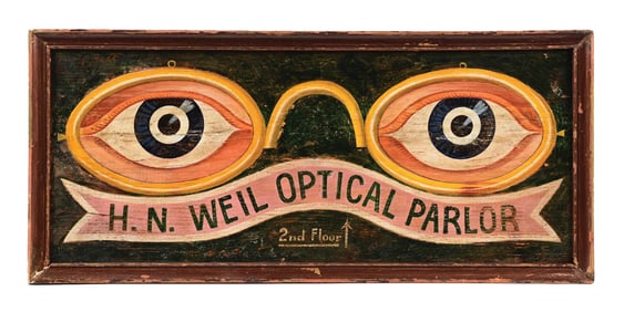 H.N. WEIL OPTICAL PARLOR SIGN W/ EARLY GLASSES GRAPHIC.